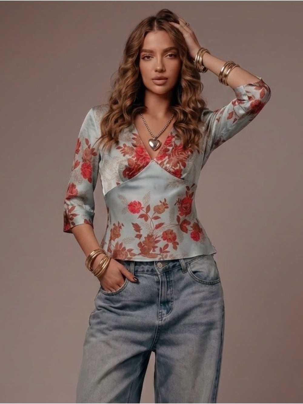 Silk Plenty Tracy Reese Light Aqua Blue & Coral Floral V-Neck Top With Tie Bow